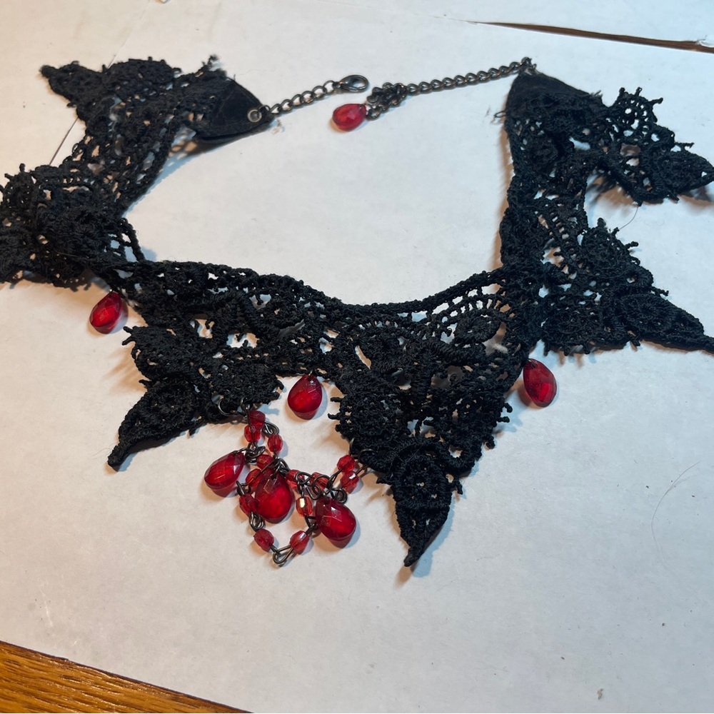 Black lace and red bead choker necklace 18 inches